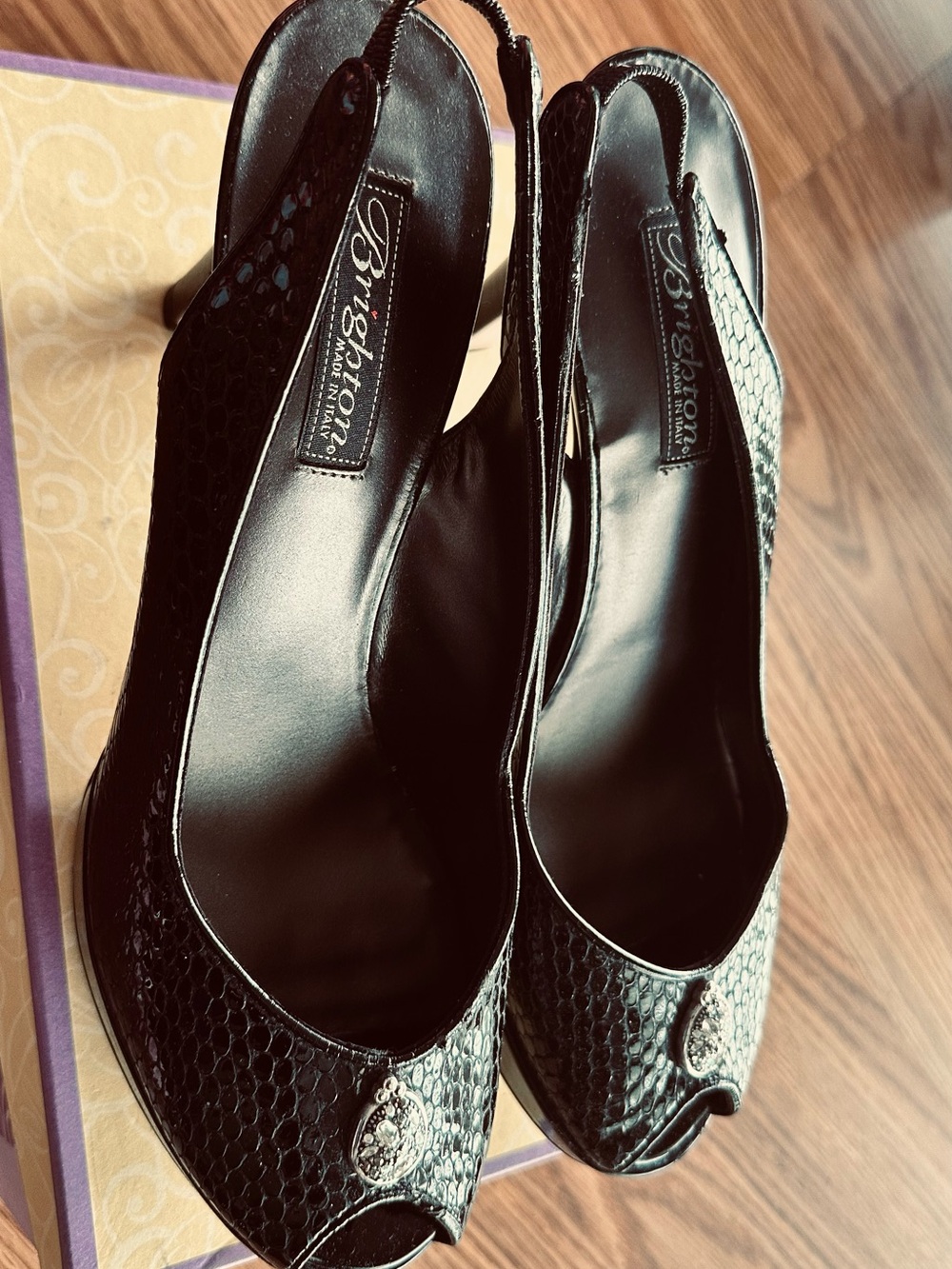 Brighton Black Patent Leather Snake Print , 11M, 4” heels, Slingback Pumps, NIB